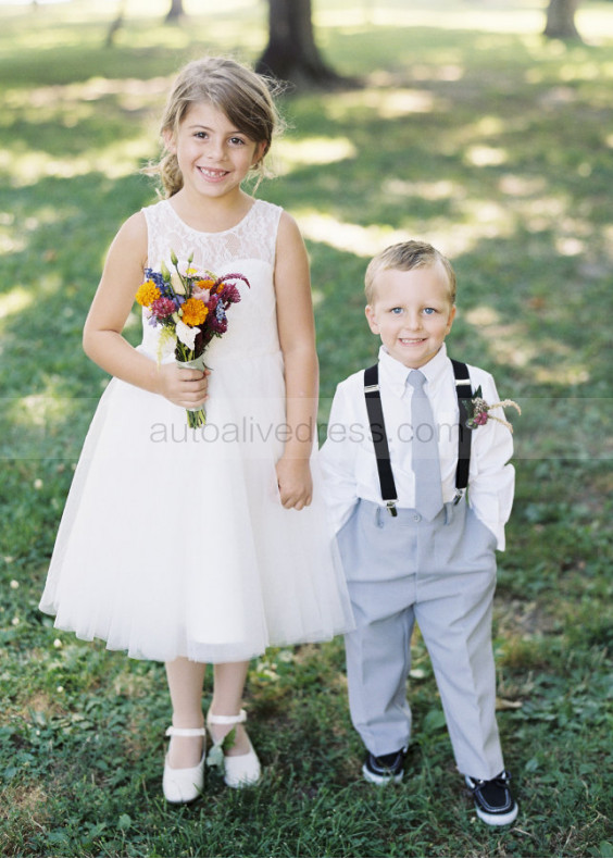 Ivory Lace Tulle Short Flower Girl Dress With Champagne Sash